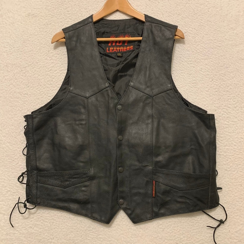 VTG Hot Leathers Biker Motorcycle Vest Mens 2XL Side Lace Genuine Leather Black